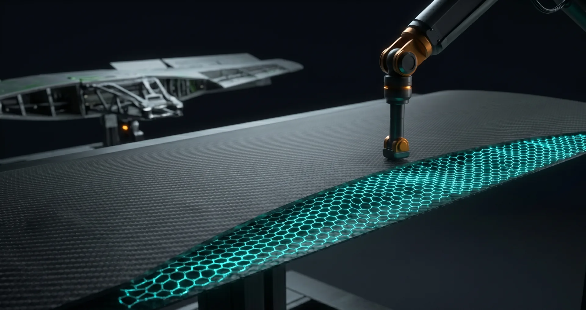 Robotic arm applying graphene composite to aircraft wing panel
