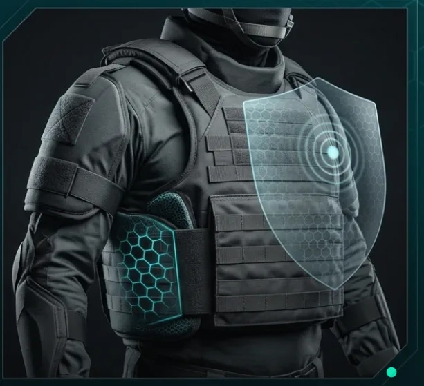 Tactical operator wearing graphene-enhanced Kevlar body armor