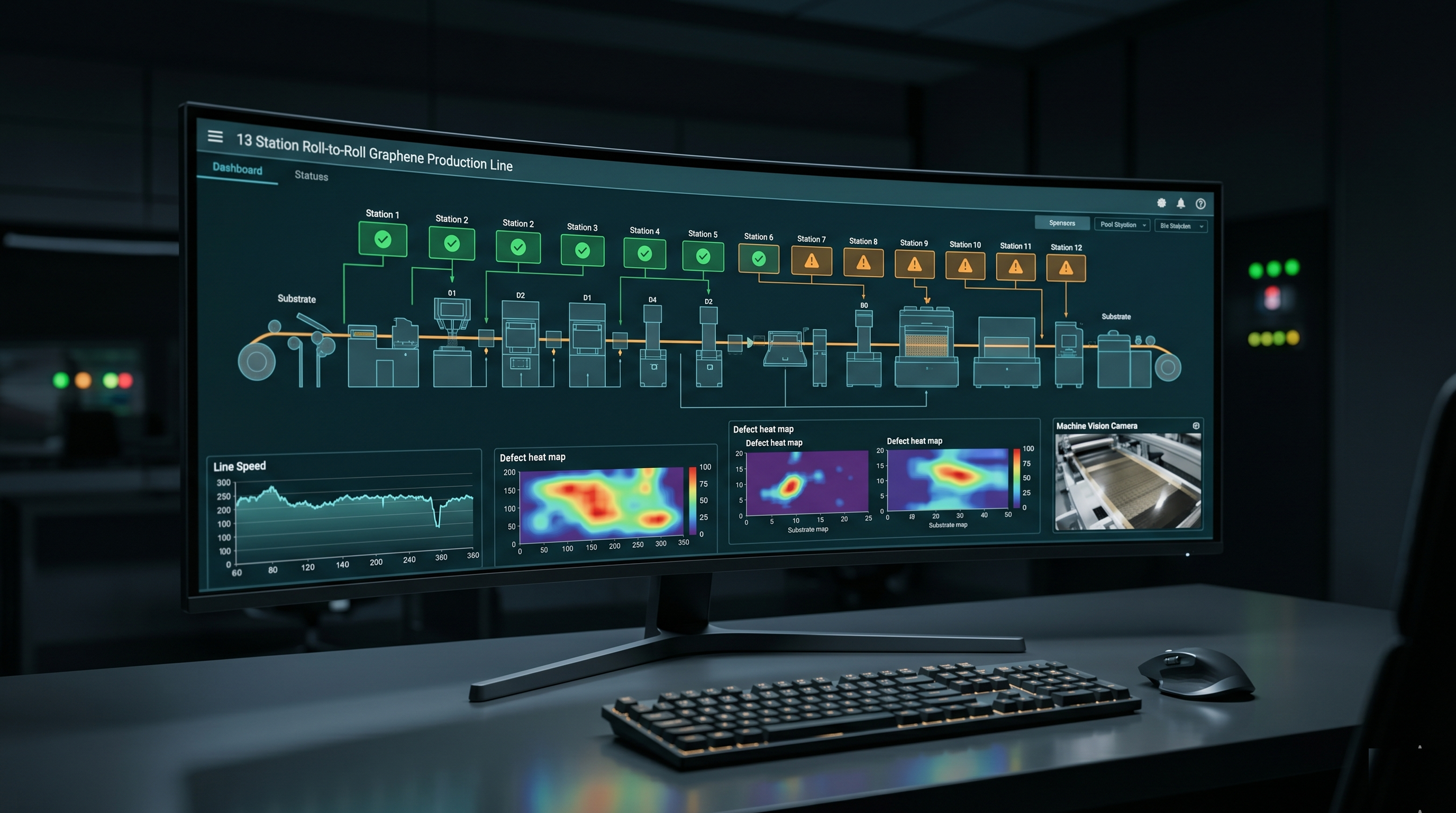 Digital twin dashboard showing real-time production line monitoring