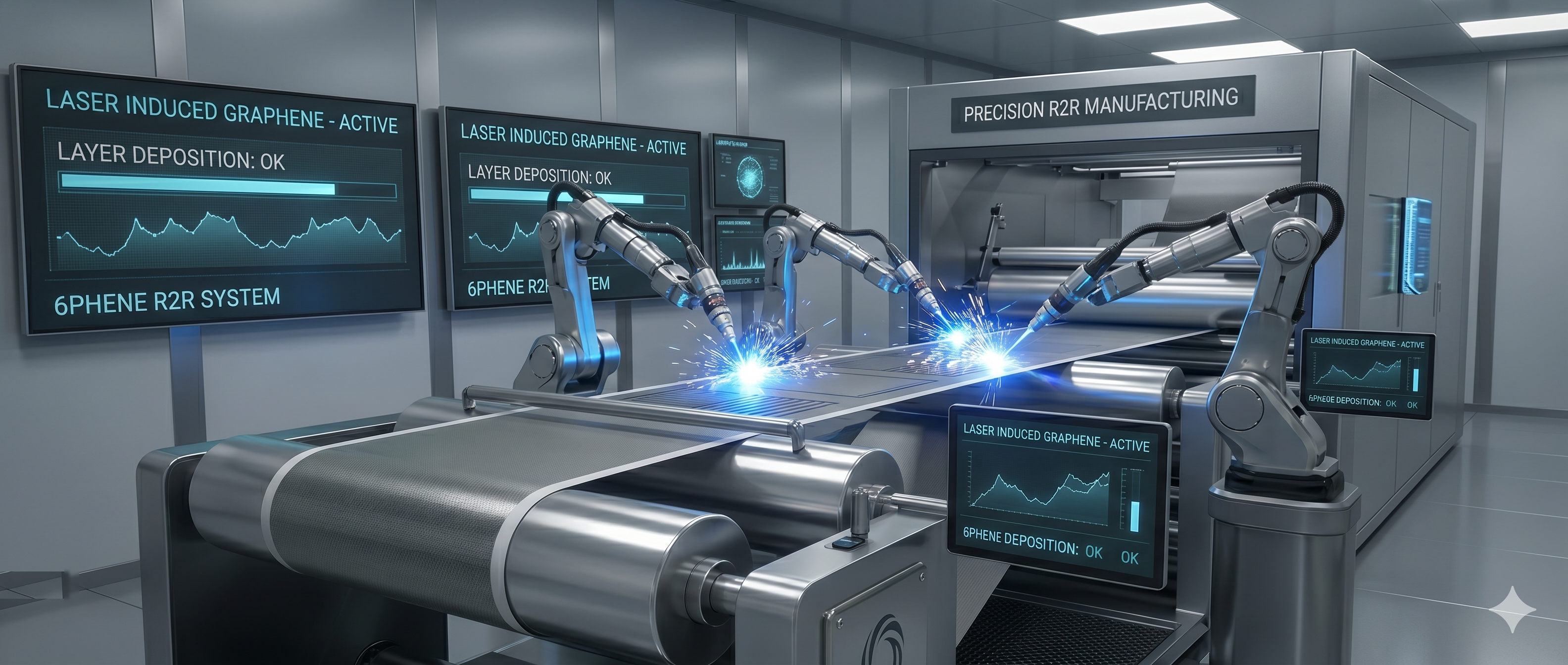 6Phene precision R2R graphene manufacturing line with robotic laser deposition systems