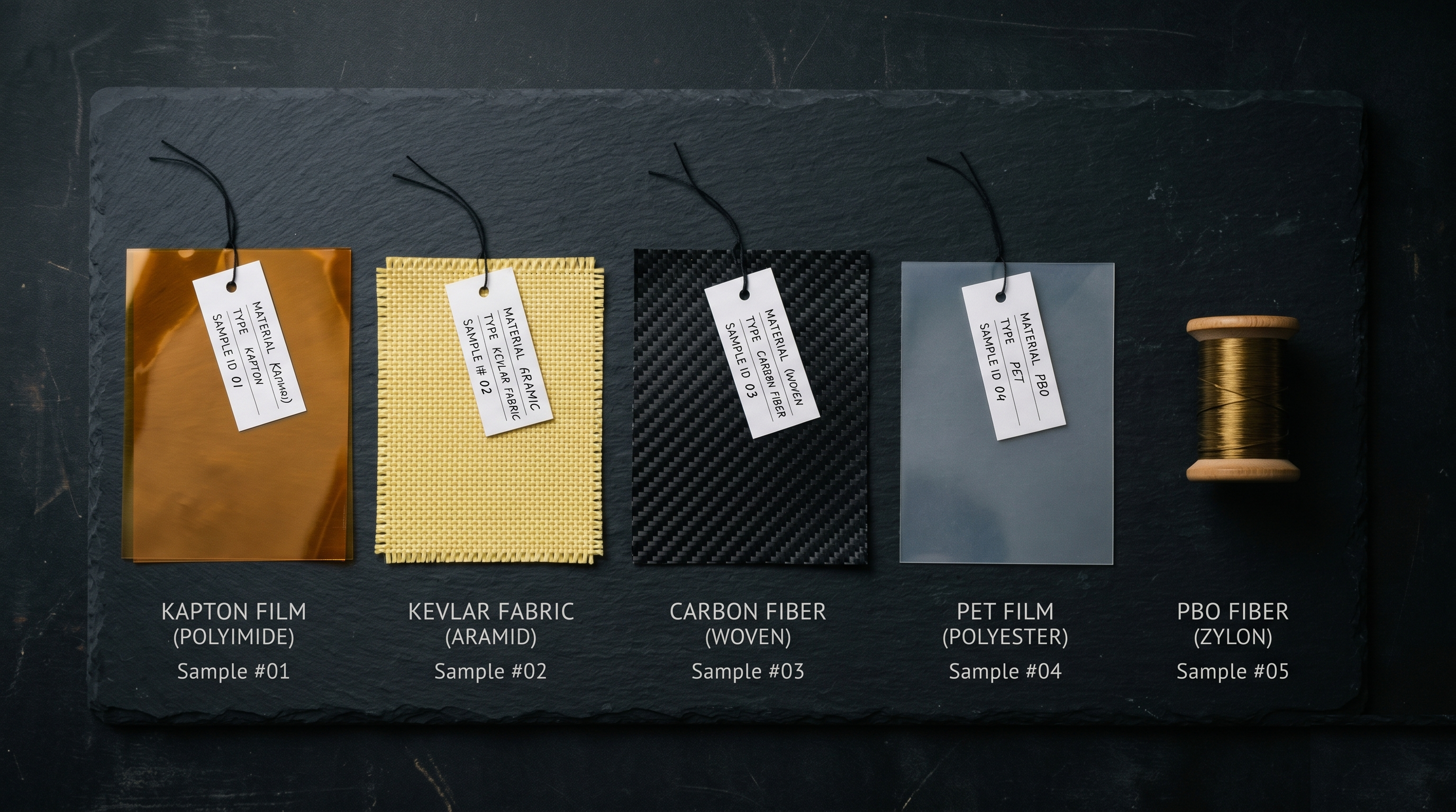 Various advanced material substrate samples including Kapton, Kevlar, and carbon fiber