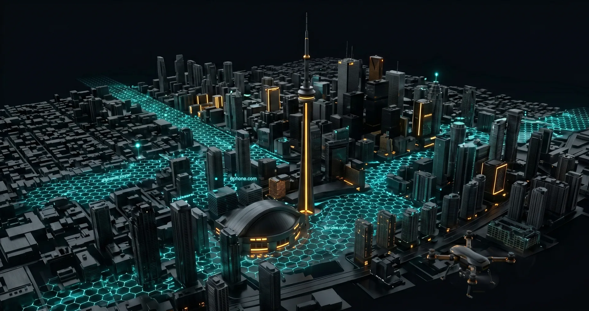 Toronto skyline with hexagonal data grid overlay — 6Phene Inc. headquarters